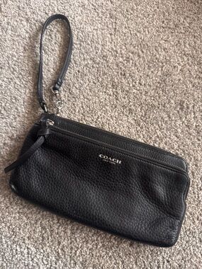 Coach Black Pebble Leather Wristlet with Silver hardware